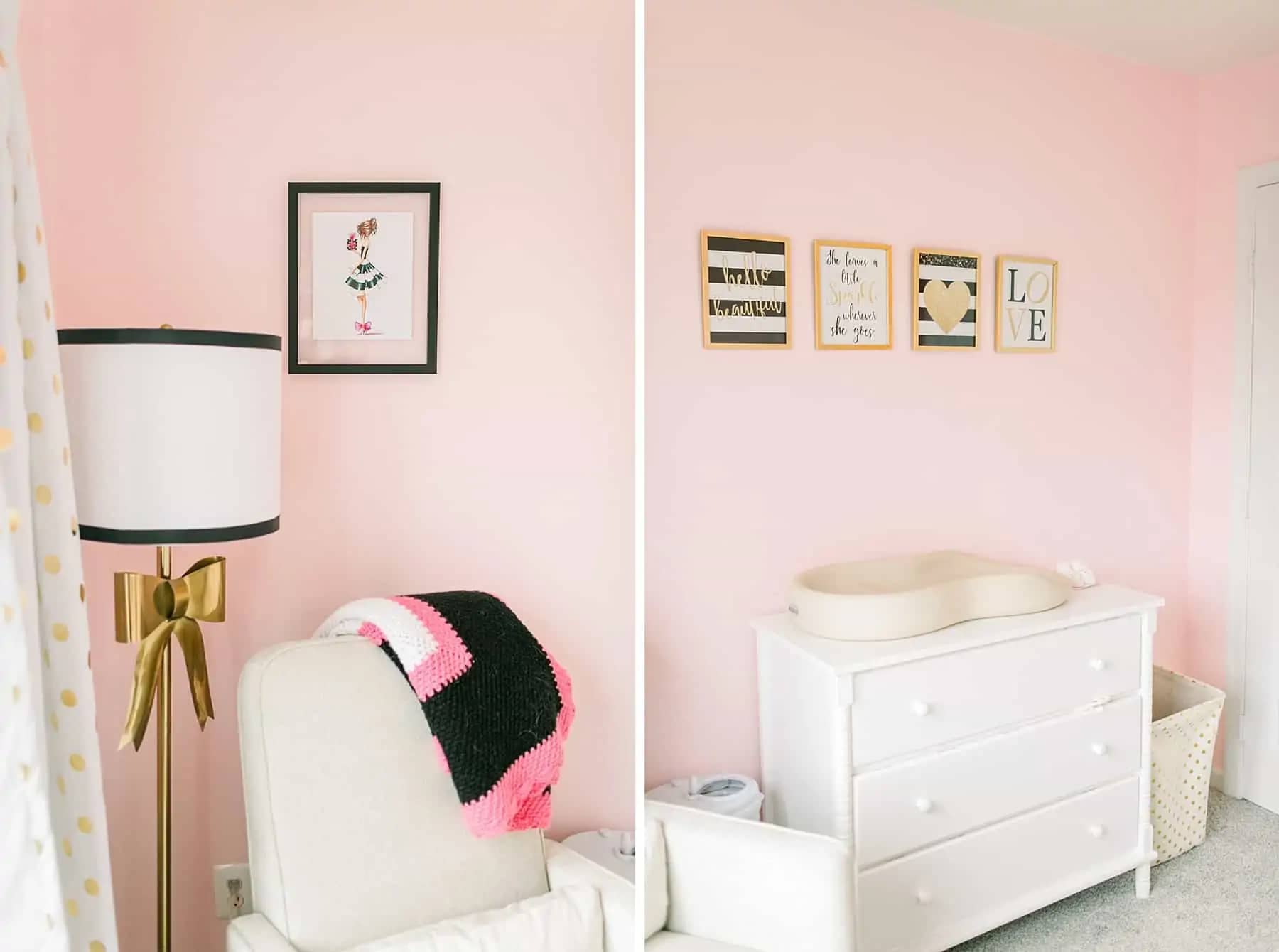 Recliner and changing table in Pink & Gold Kate Spade Inspired Nursery