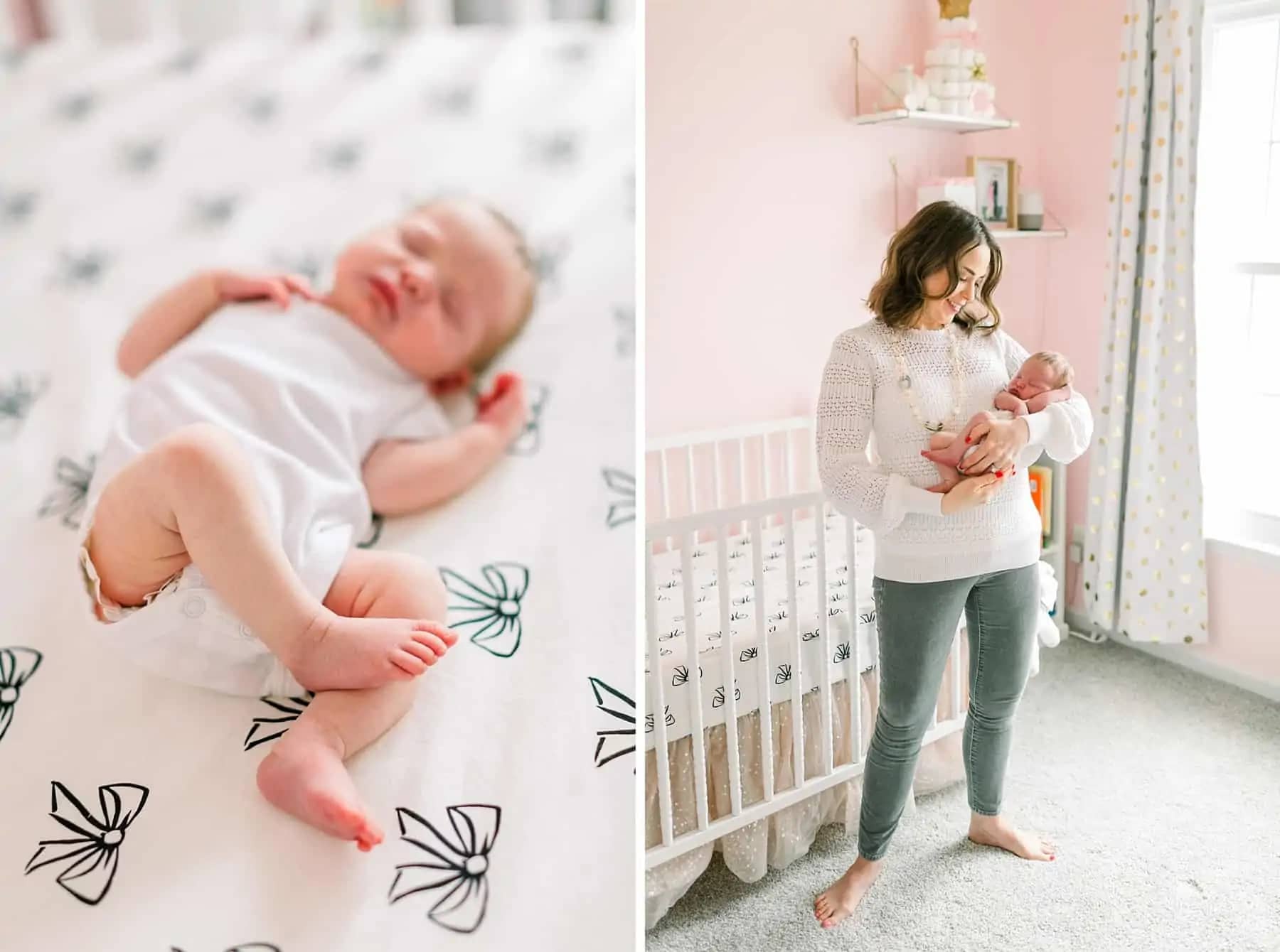 Focus on baby toes and mom holding baby in front of jenny lind white crib in Pink & Gold Kate Spade Inspired Nursery