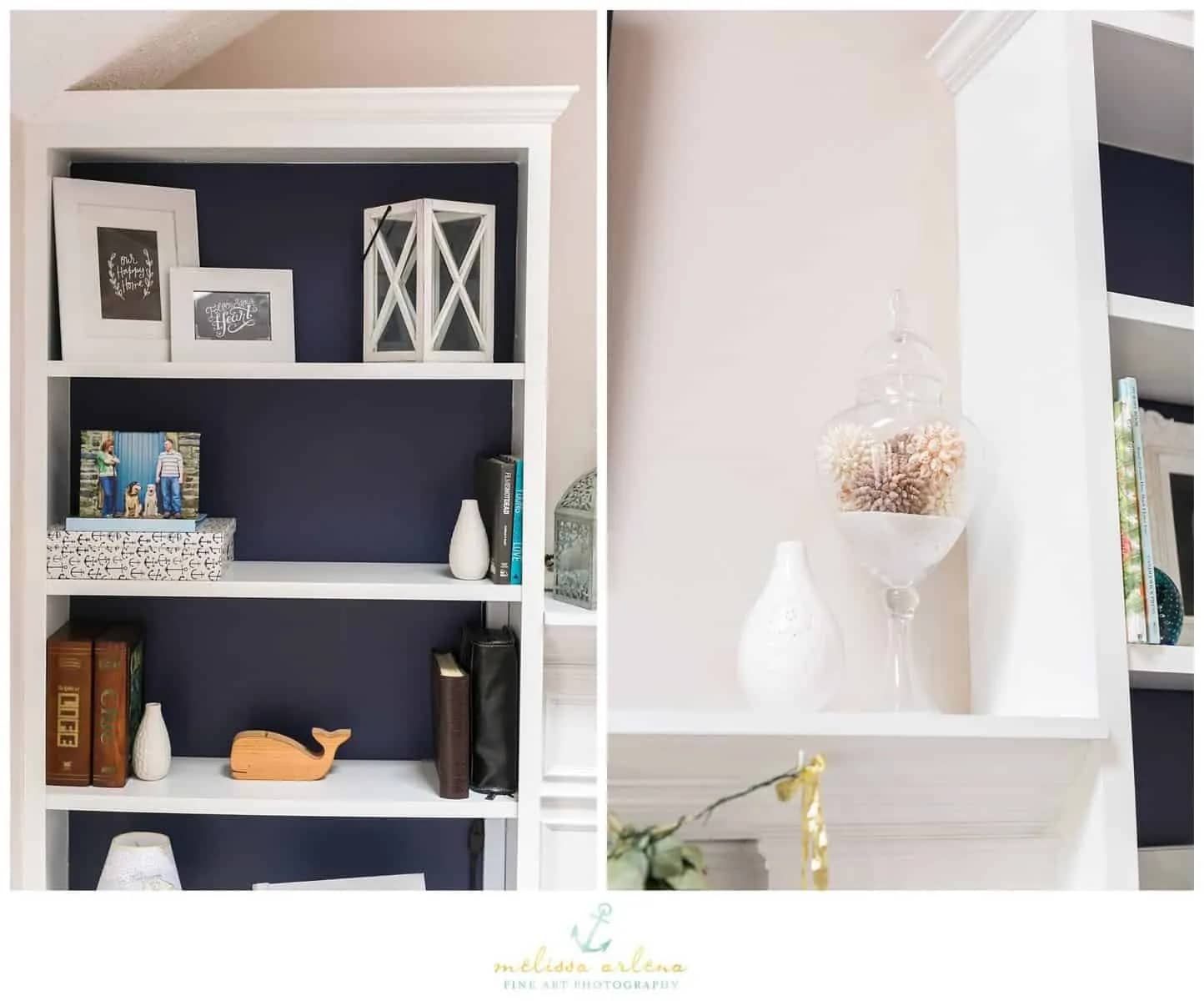I love the crown moulding detail we added to the tops of the bookcases. I really want to get some tall chunky wooden candlesticks to go on the mantel in place of the vase I have there now. Target and Homegoods here I come!!!