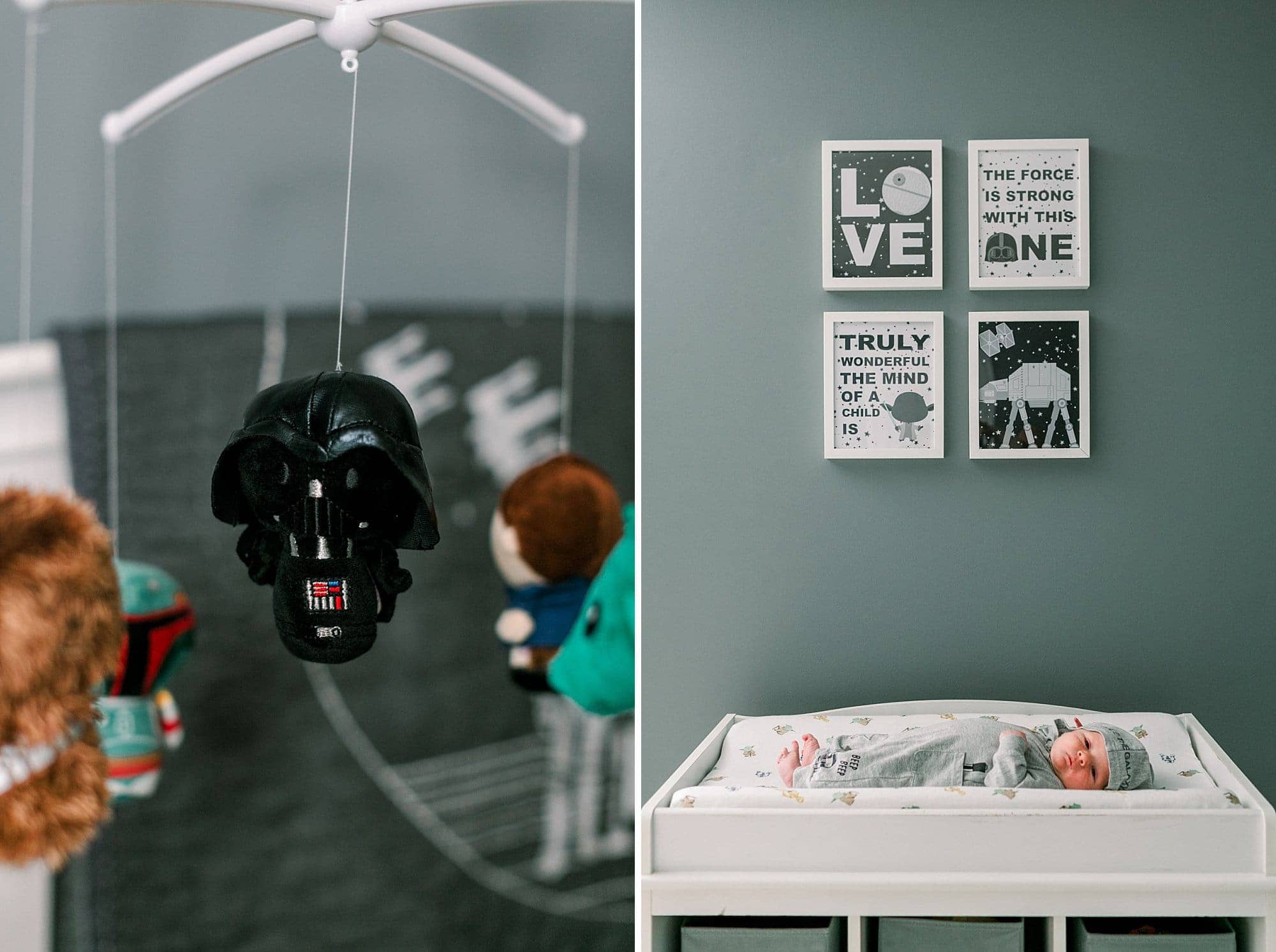 star wars nursery - mobile with baby darth vader, framed star wars quotes and photos over changing table
