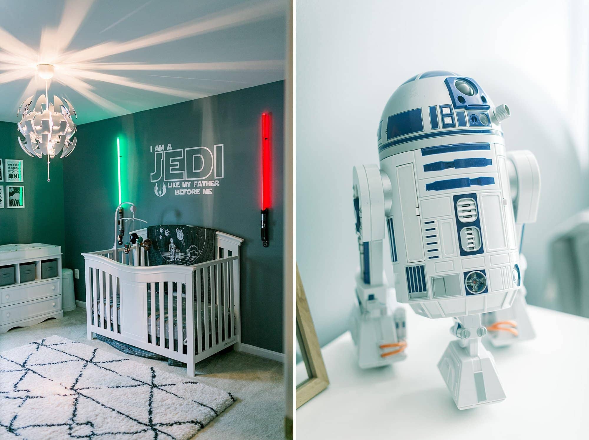 Star wars nursery - r2d2 model on dresser, green and red lightsabers lit up on wall over white crib in gray room