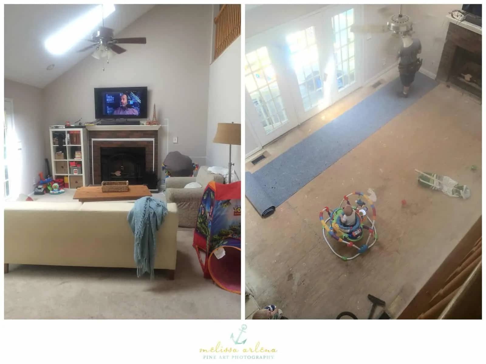 Pre-renovation on the left. Cream carpet plus 2 boys with leaky sippy cups and 2 dogs equals NASTY!!! We were so happy to rip that carpet out!