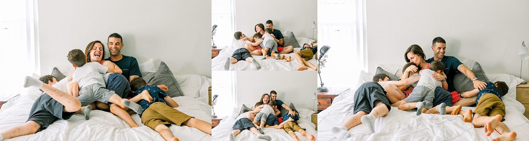 collage of family dog pile on mom in Miami home