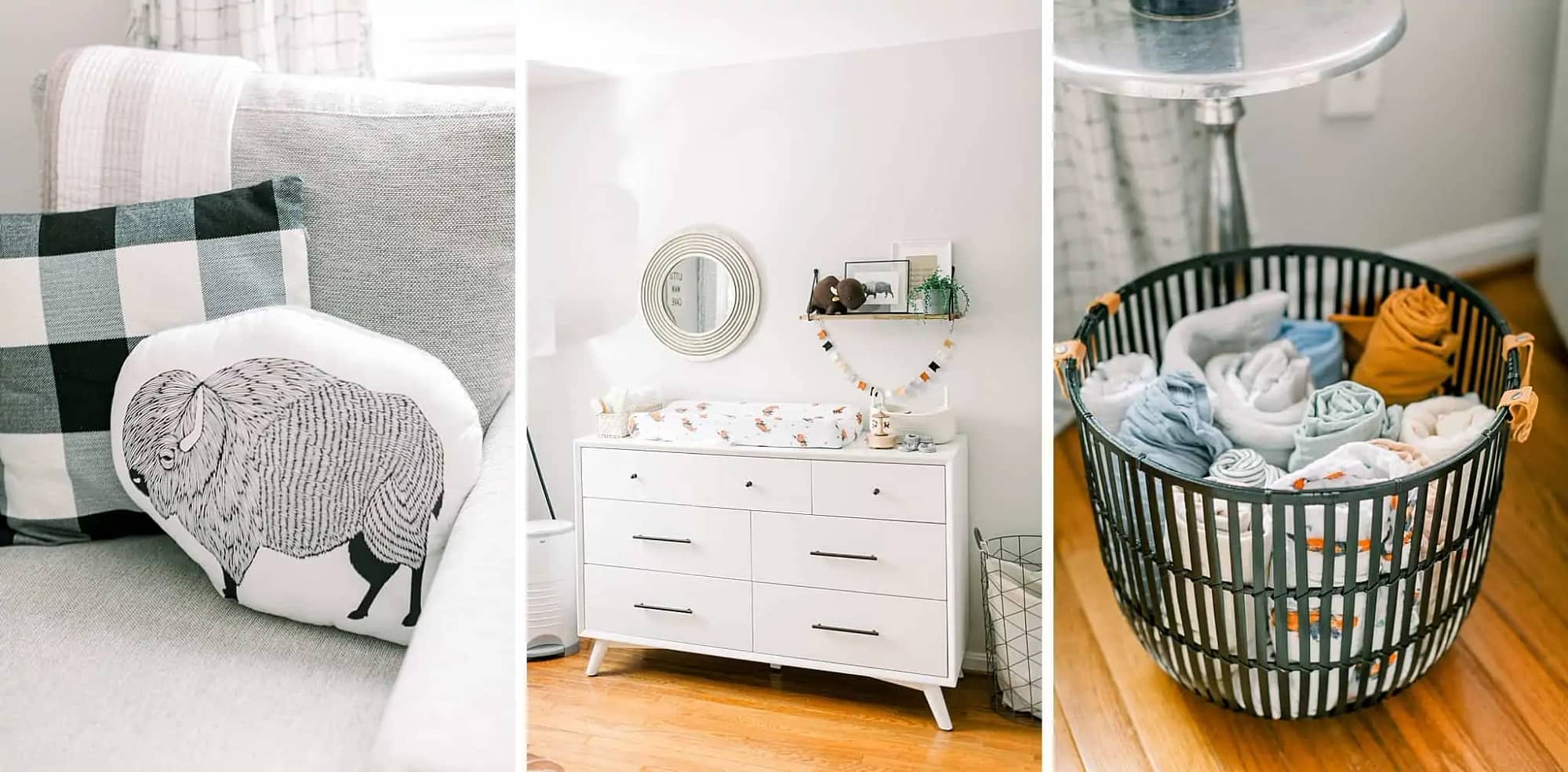 Black metal basket filled with swaddle blankets, white MCM dresser turned changing table and water buffalo pillow in a Bison & Buffalo Inspired Nursery