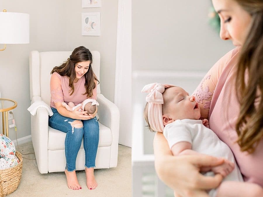 mother and daughter snuggling during newborn portraits in Miami area home